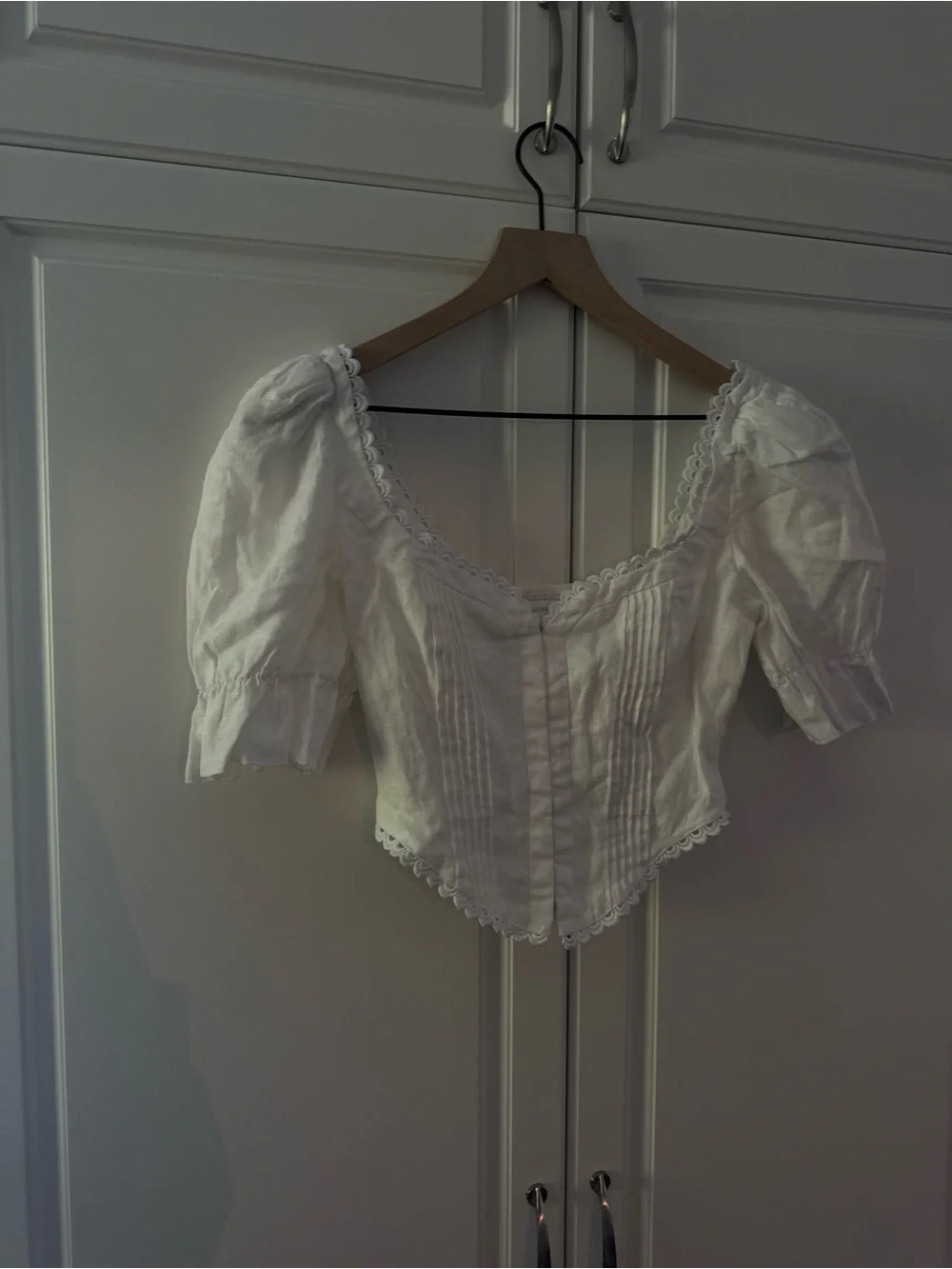 Reformation White Lace-Trim Puff Sleeve Corset Blouse